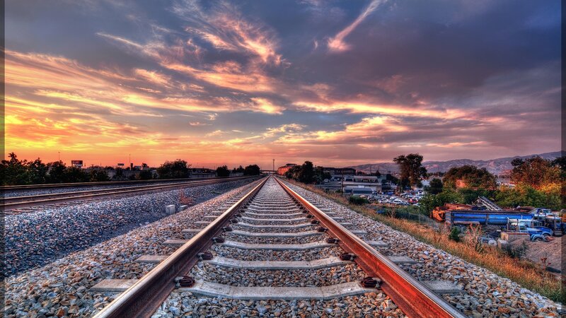 Train Tracks at Sunset — Orange, Dramatic, Photograph, Sky, Gravel