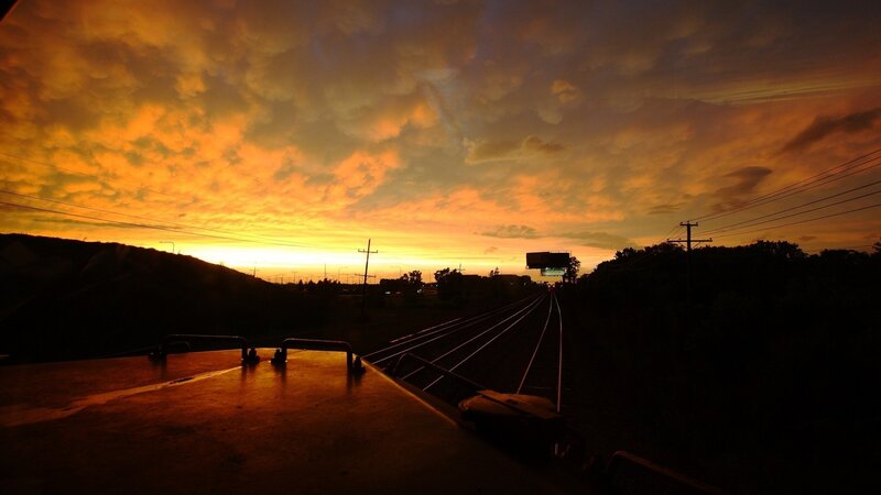 Train Tracks at Sunset — Orange, Dramatic, Photograph, Sky, Hills