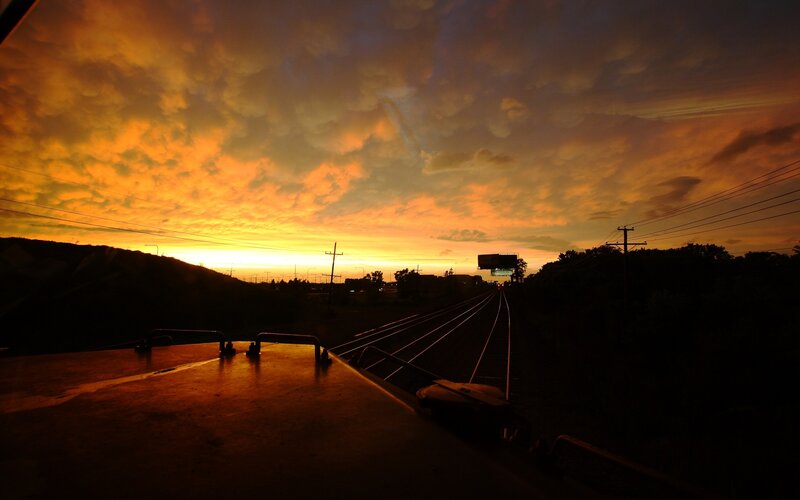Train Tracks at Sunset — Orange, Dramatic, Photograph, Sky