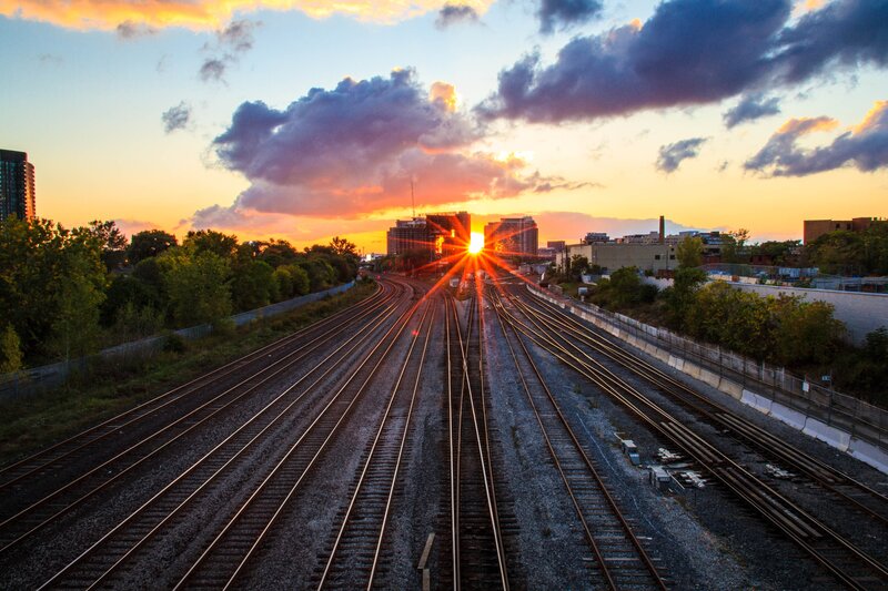 Train Tracks at Sunset — Orange, Dramatic, Photograph, Sun, City Skyline