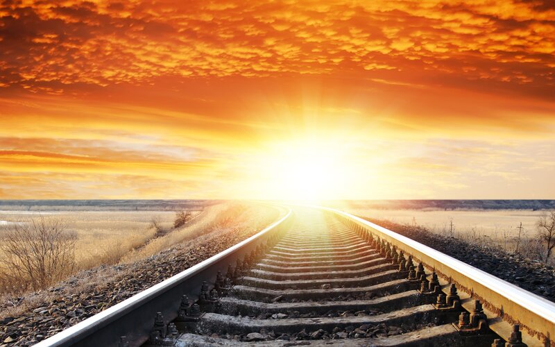 Train Tracks at Sunset — Orange, Dramatic, Photograph, Sun, Sky