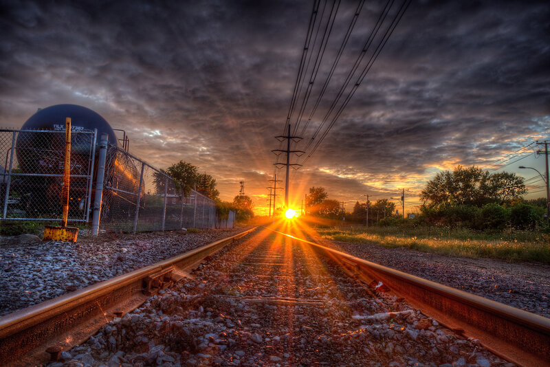 Train Tracks at Sunset — Orange, Dramatic, Photograph, Sun