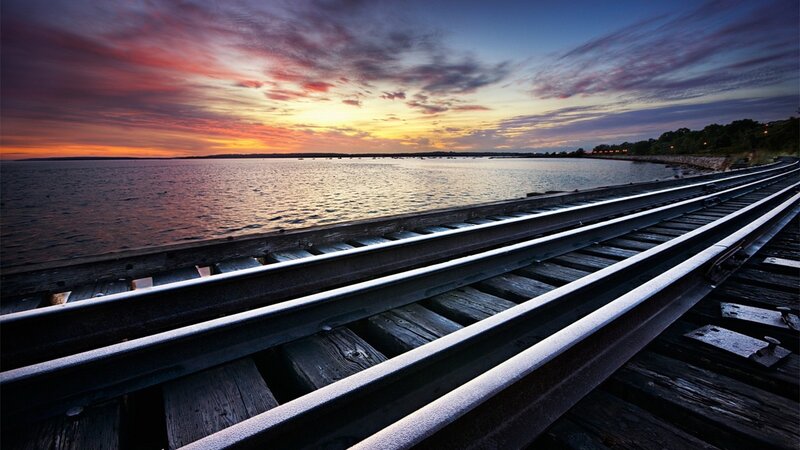 Train Tracks at Sunset — Orange, Dramatic, Photograph, Water
