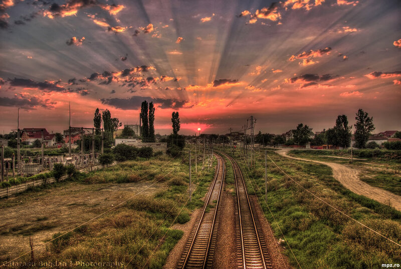 Train Tracks at Sunset — Orange, Dramatic