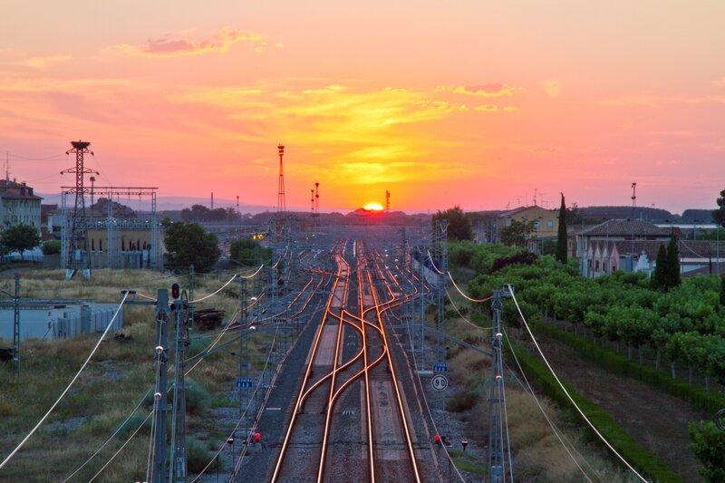 Train Tracks at Sunset — Orange, Serene, Photograph