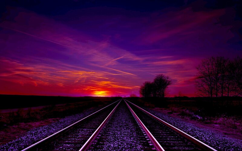 Train Tracks at Sunset — Purple, Dramatic, Photograph