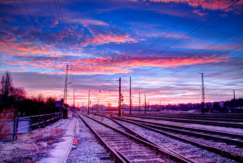 Train Tracks at Sunset — Purple, Dramatic