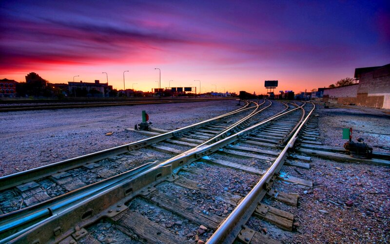 Train Tracks at Sunset — Purple