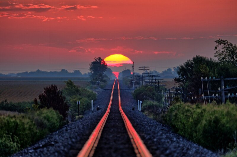 Train Tracks at Sunset — Red, Dramatic