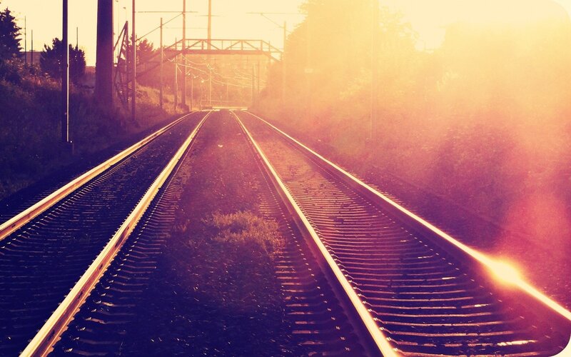 Train Tracks at Sunset — Yellow, Serene