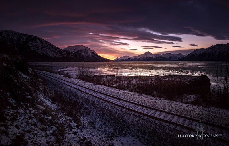 Train Tracks by Lake — Purple