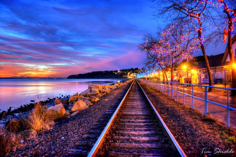 Train Tracks by Water — Blue, Serene