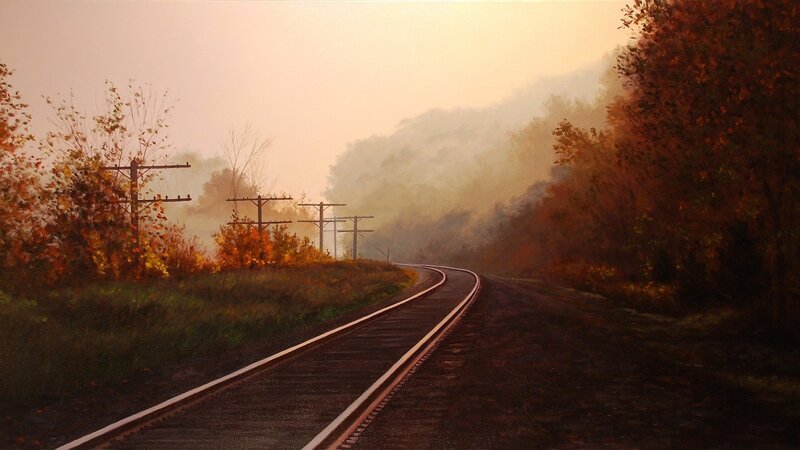 Train Tracks in Autumn — Orange, Serene, Painting