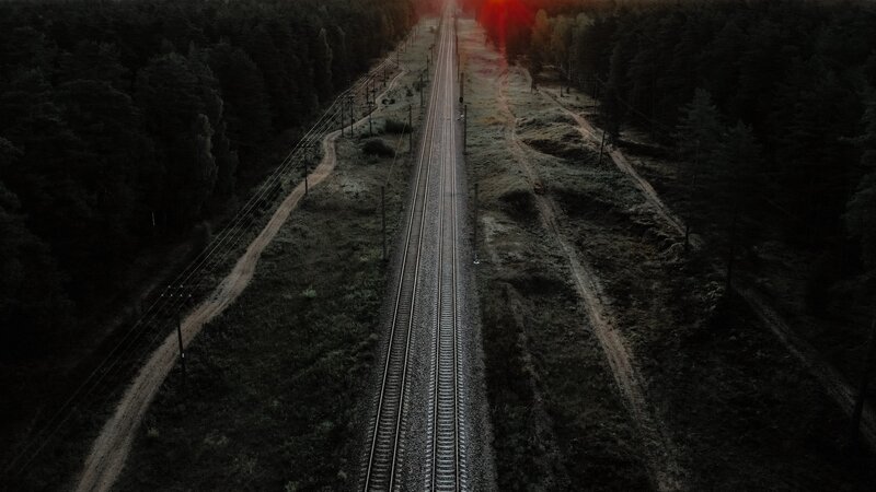 Train Tracks in Forest — Black, Dark