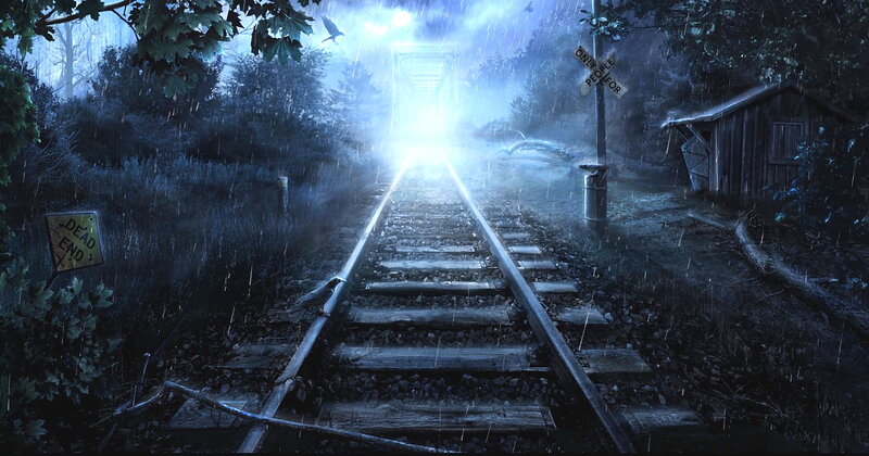 Train Tracks in Forest — Blue