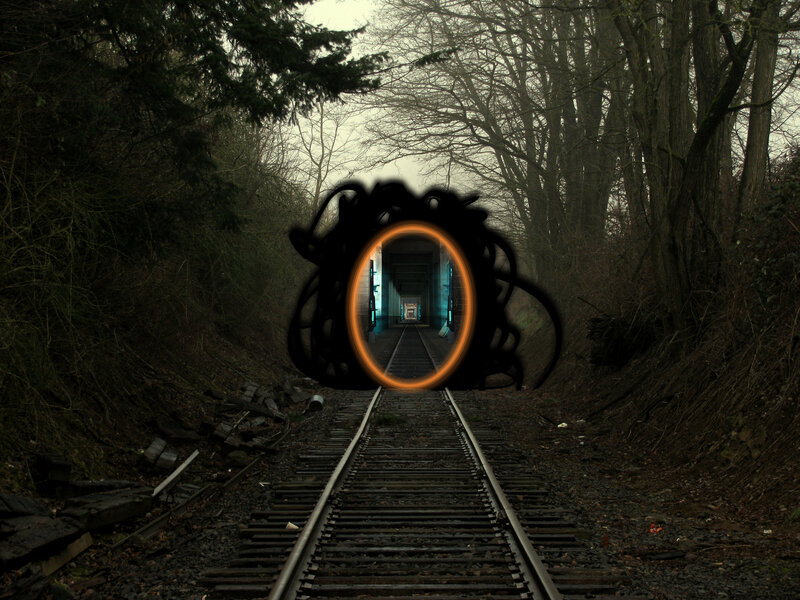 Train tracks leading to a glowing portal