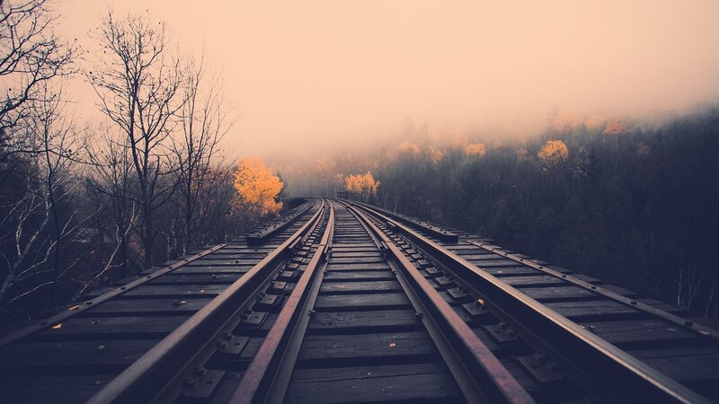 Train Tracks on Bridge — Brown, Misty, Autumn