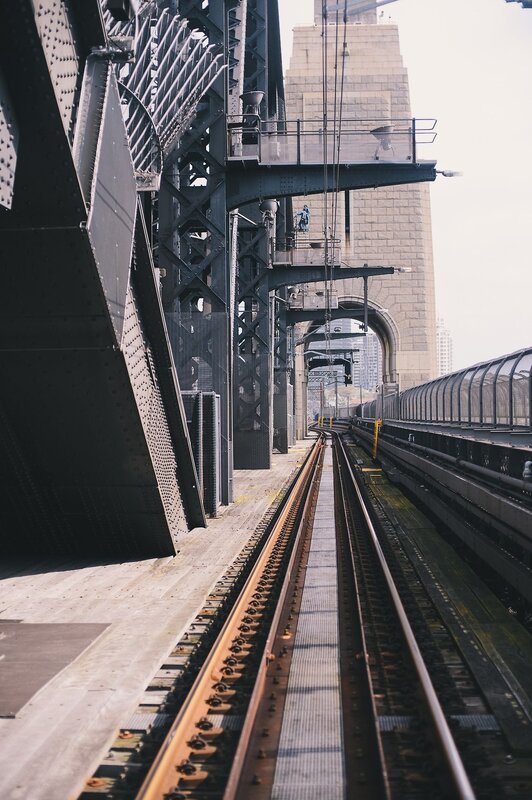 Train Tracks on Bridge — Gray, Industrial, Afternoon