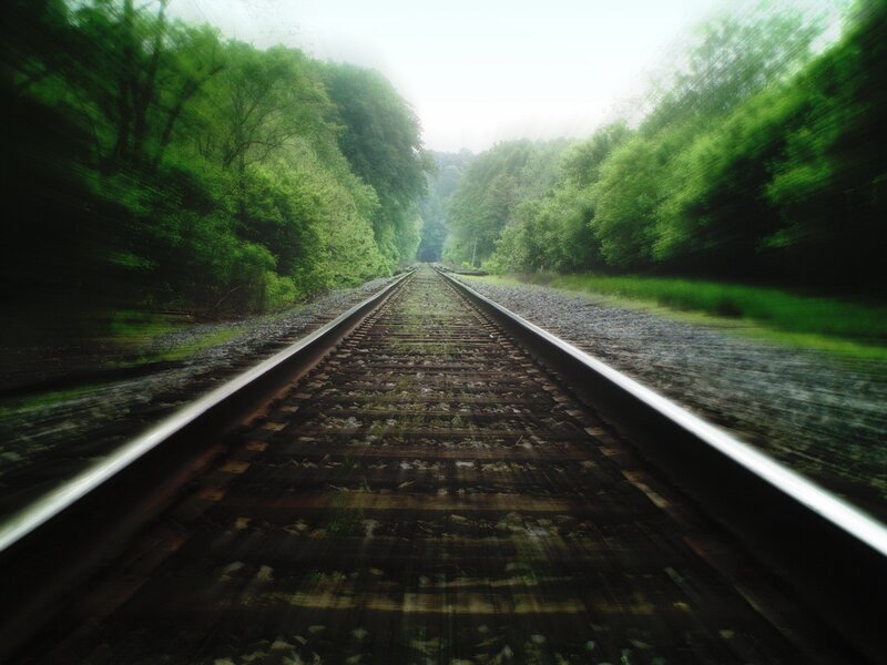 Train tracks through a forest