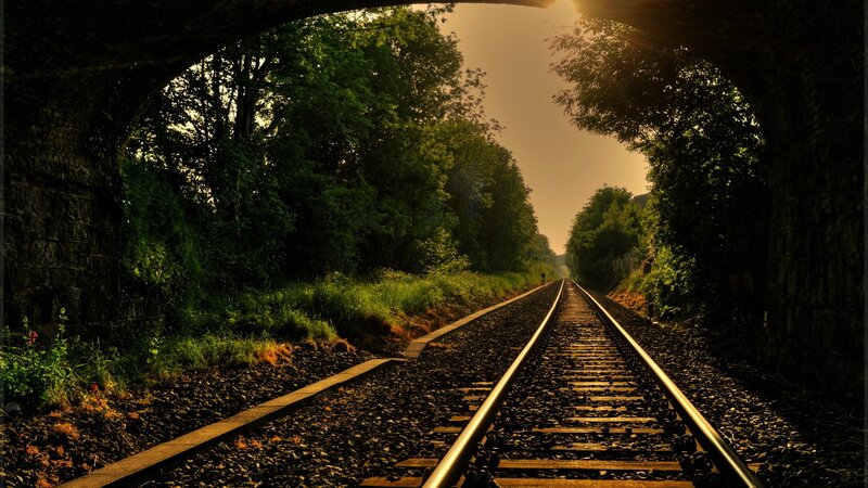 Train Tracks under Tunnel — Green, Serene