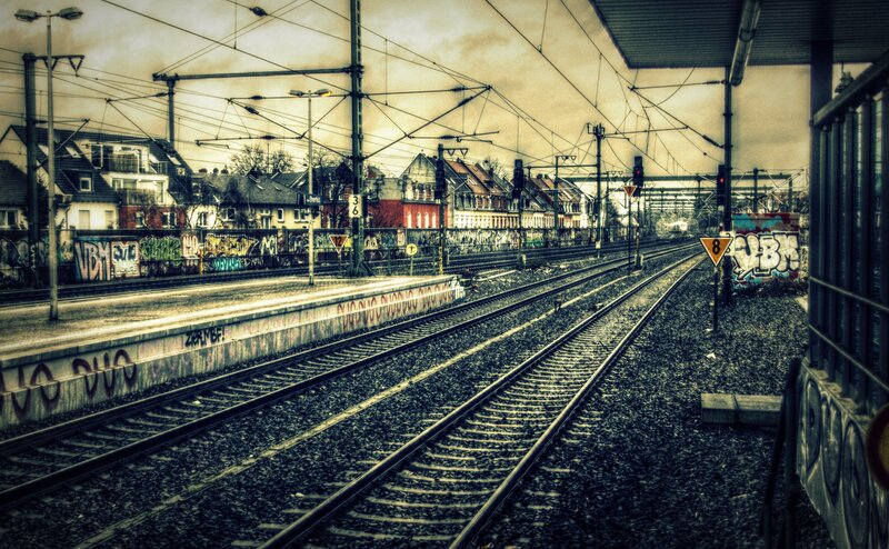 train tracks with graffiti