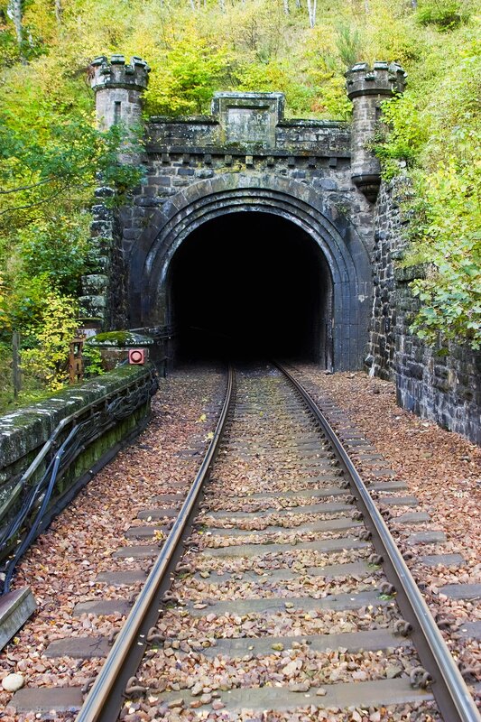 Train tunnel entrance in autumn