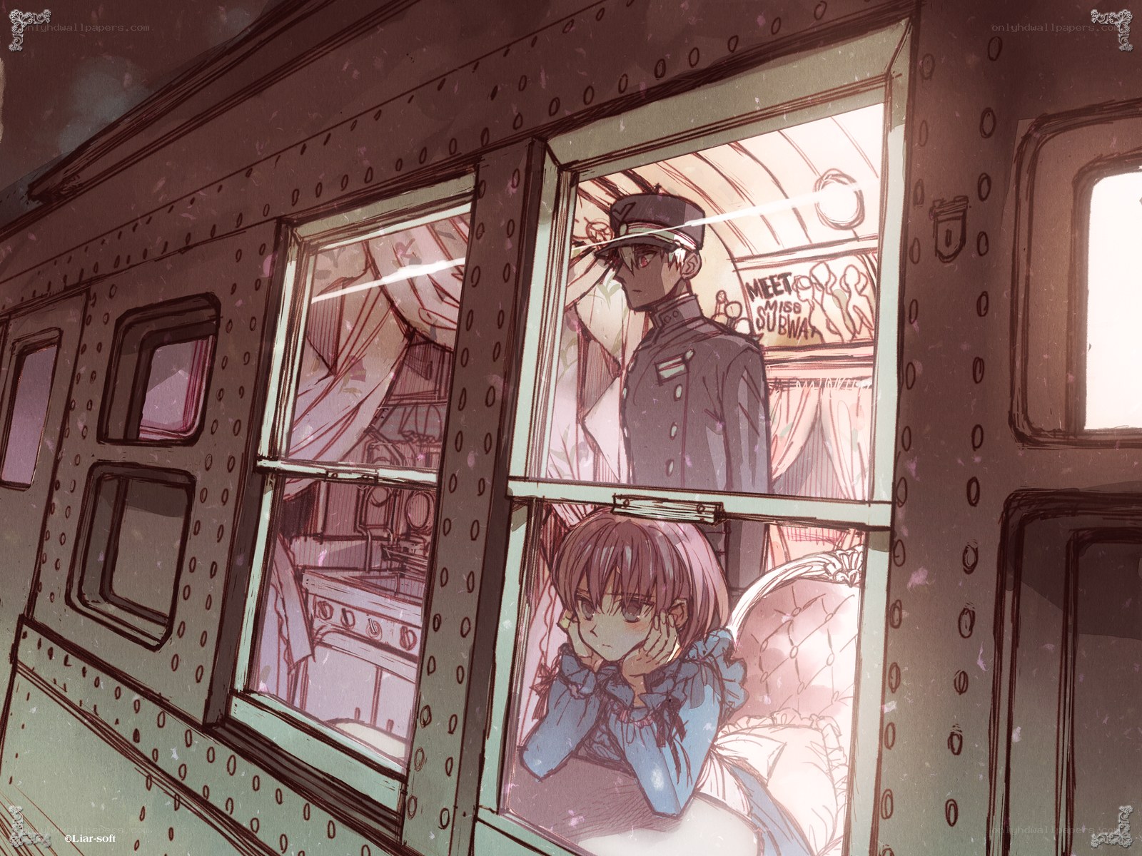 Train window scene with characters