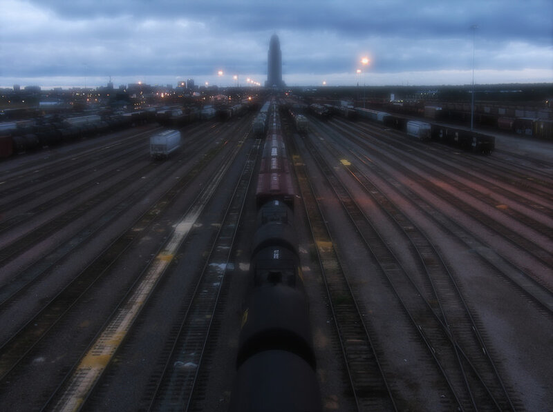 Train Yard at Dusk — Gray