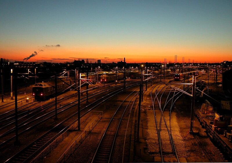 Train Yard at Dusk — Orange, Dramatic, Sunset