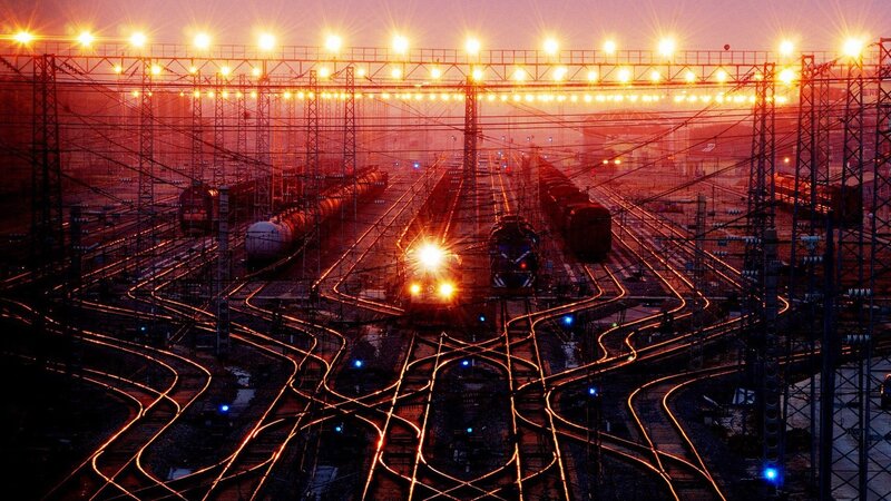 Train Yard at Dusk — Red