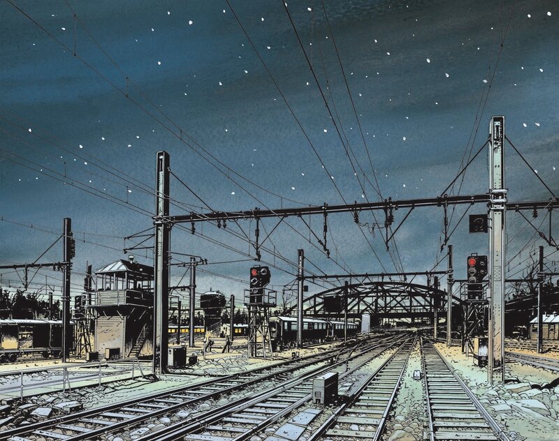 Train yard at night