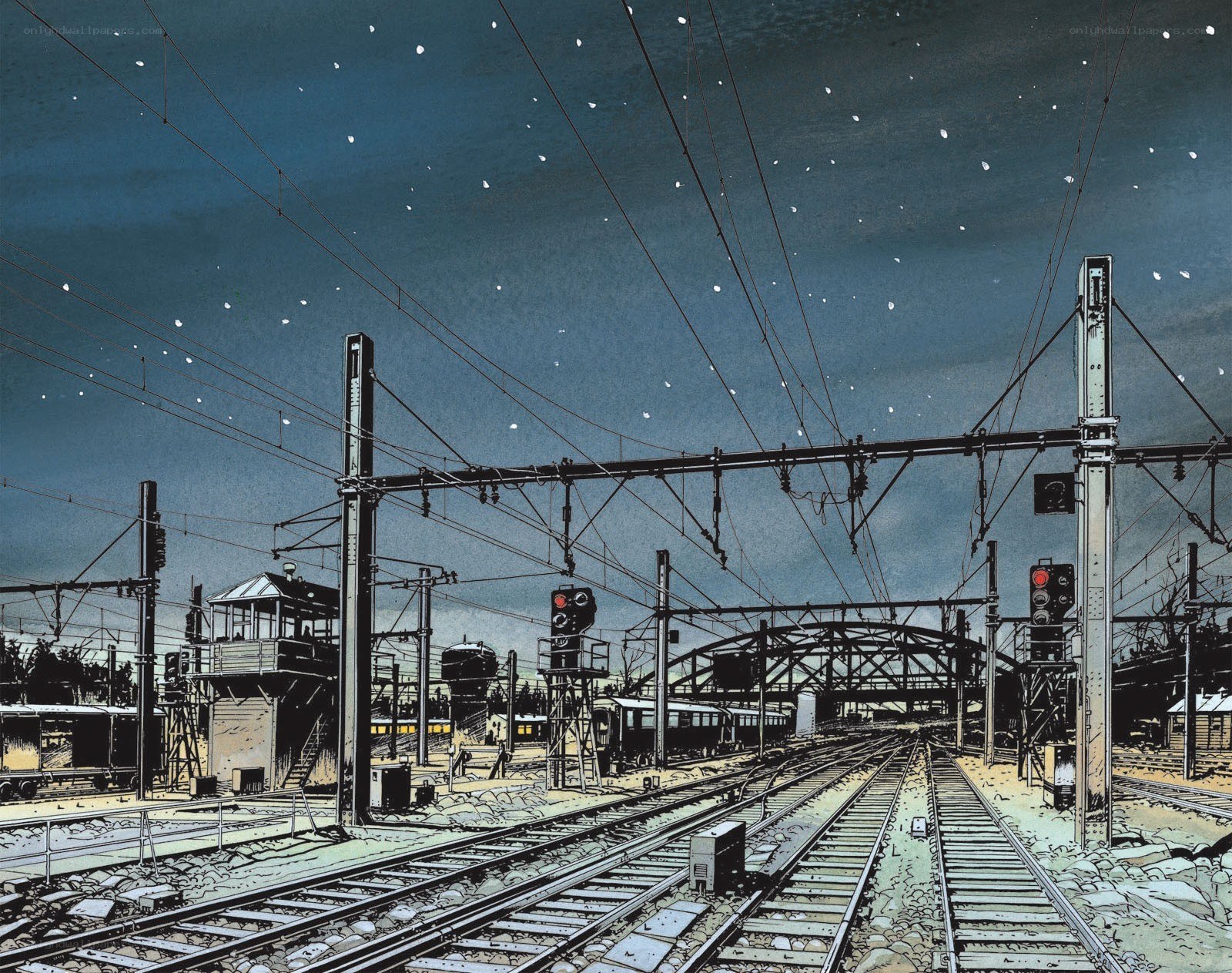 Train yard at night