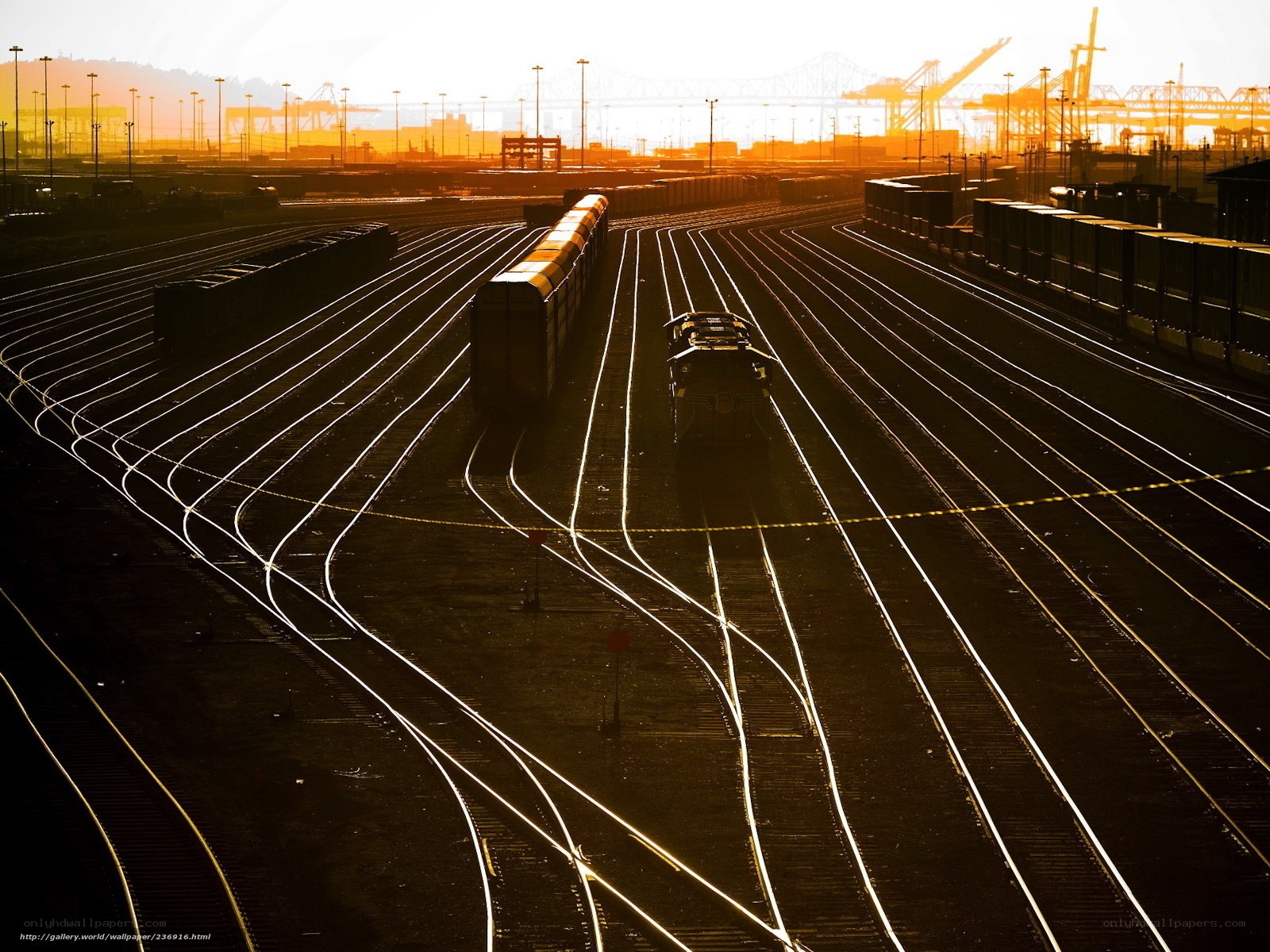 Train yard at sunset