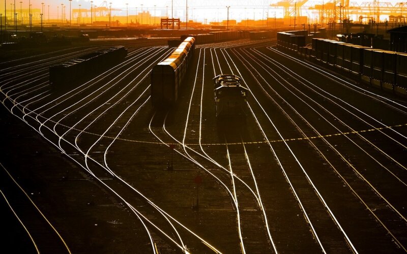Train yard at sunset