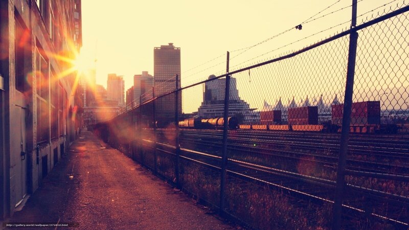 Train Yard at Sunset — Orange, Dramatic, Photograph, City Skyline