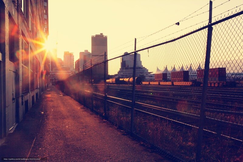 Train Yard at Sunset — Orange, Dramatic, Photograph, Fence