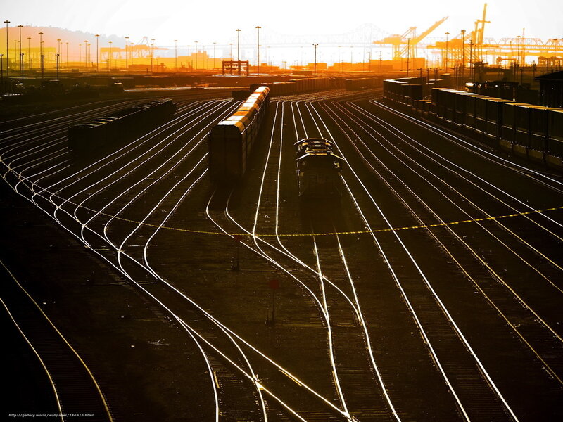 Train Yard at Sunset — Orange, Dramatic, Photograph