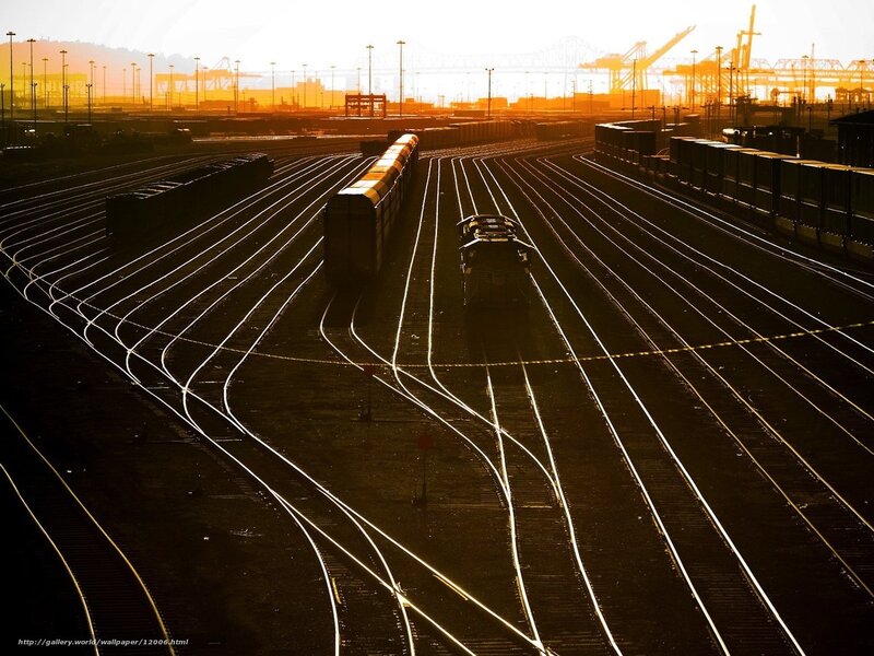 Train yard at sunset
