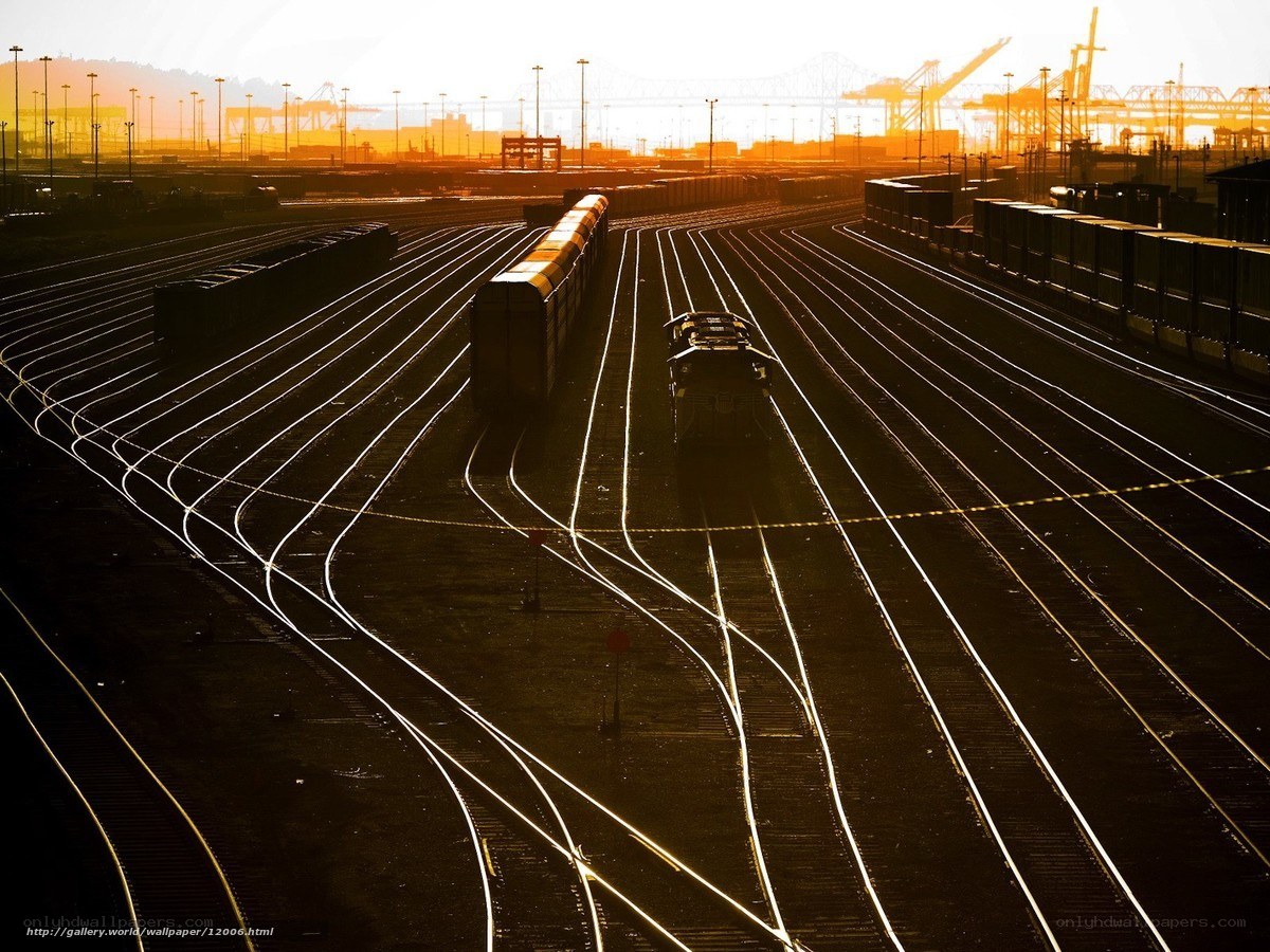 Train yard at sunset