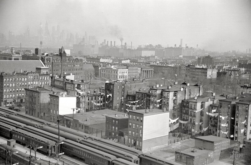 Train Yard with City Skyline — Black