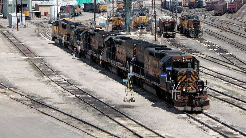 Train yard with locomotives