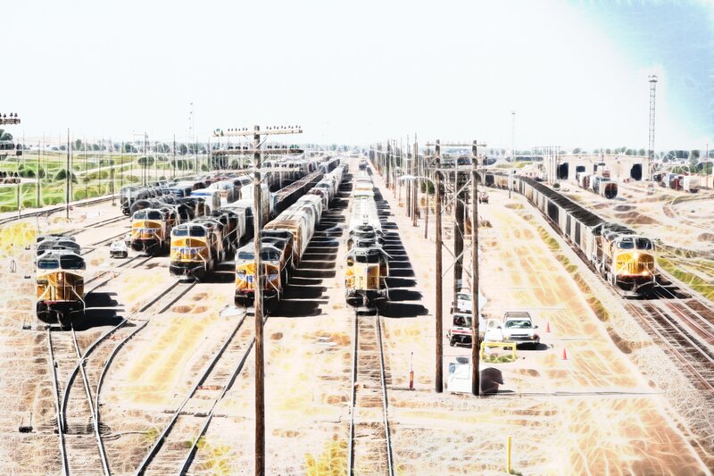 Train yard with multiple locomotives