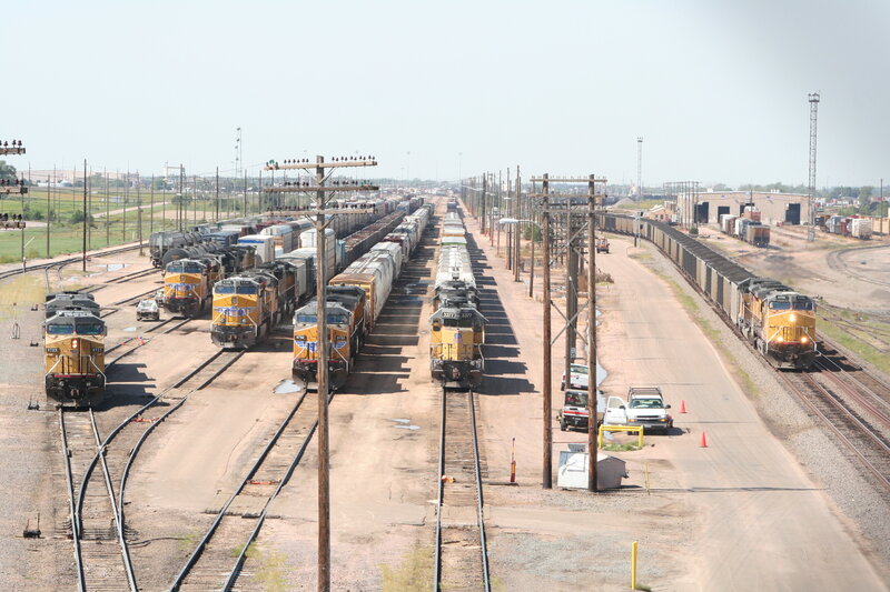 Train yard with multiple locomotives