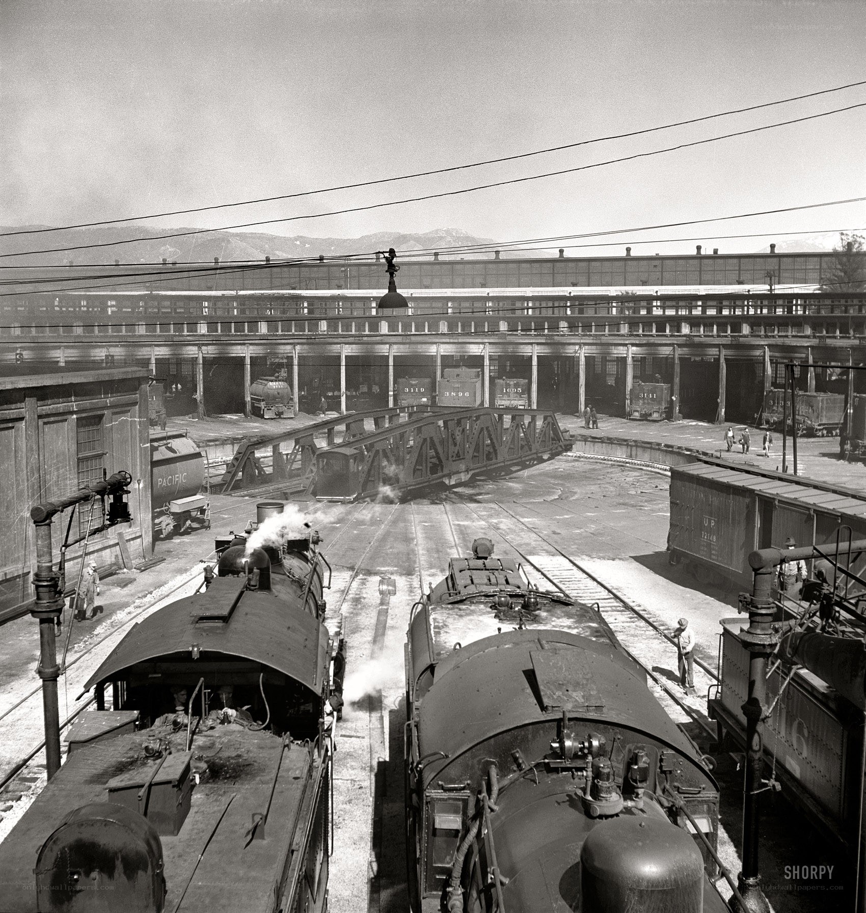 Train yard with steam locomotives