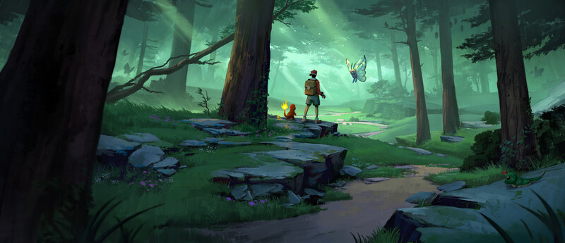 Trainer with Pokémon in Forest — Green