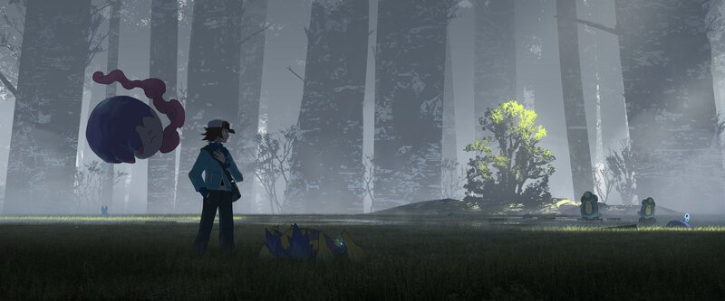 Trainer with Pokémon in Forest