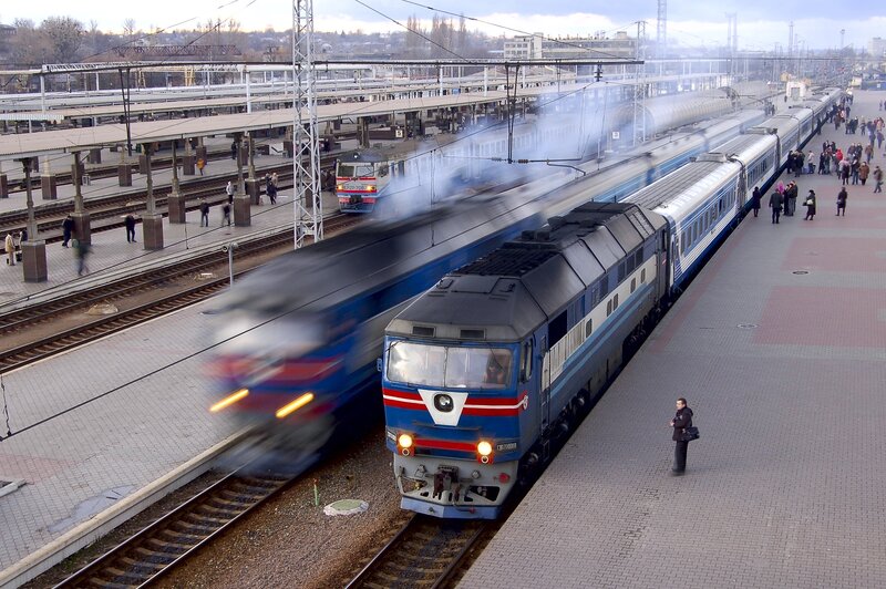 Trains at a busy railway station