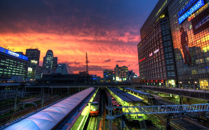 Trains at a City Station