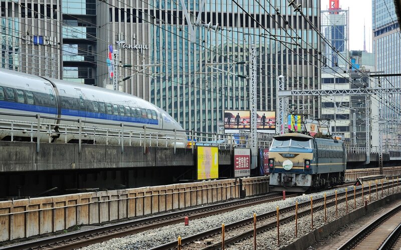 Trains in a cityscape
