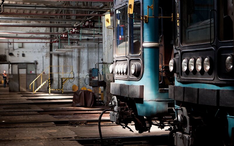 Trains in a maintenance depot